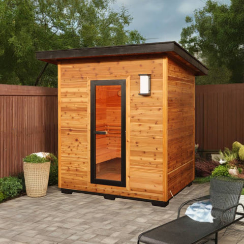 Denali 4-Person Contemporary Outdoor Traditional Cedar Sauna with Harvia Heater