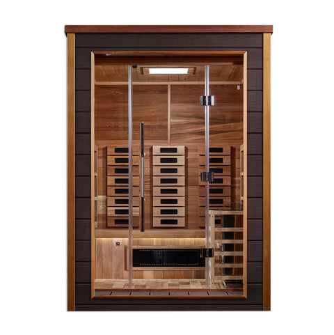 Golden Designs Nora 2 Person Outdoor-Indoor PureTech™ Hybrid Full Spectrum Sauna (GDI-8222-01) - Canadian Red Cedar Interior